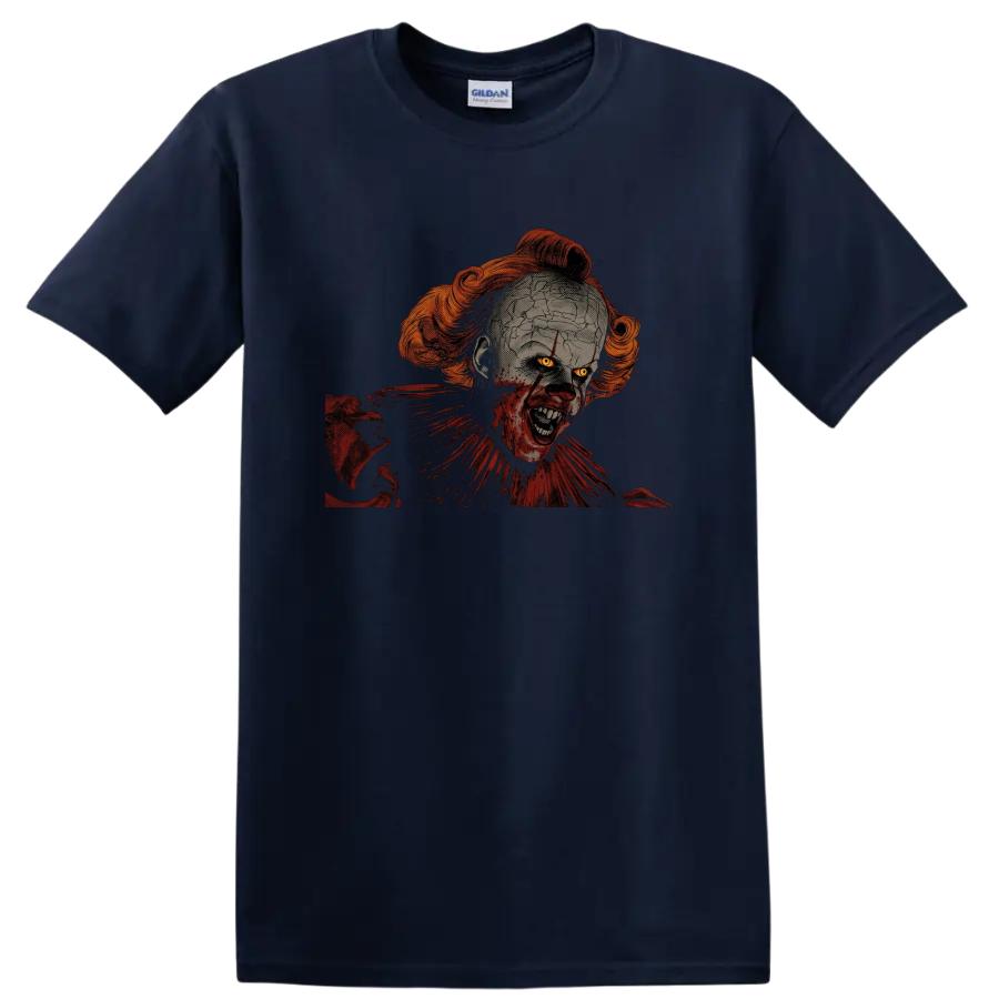 Pennywise from It cracked face horror clown graphic on a Navy (Blue) T Shirt