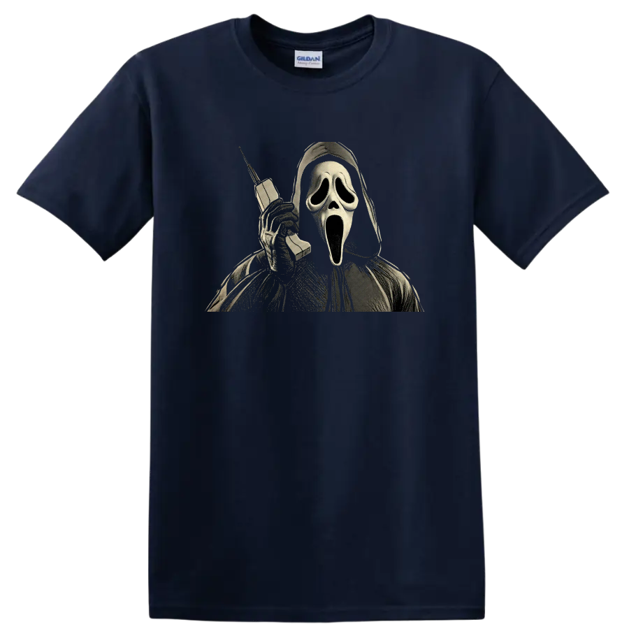 Vintage Ghostface Scream horror graphic holding a telephone on a Navy (Blue) T Shirt