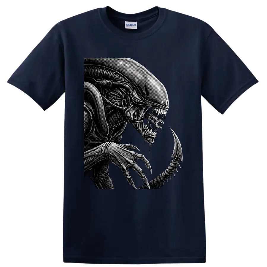 Monochrome Xenomorph Alien biomechanical horror creature graphic on a Navy (Blue) T Shirt