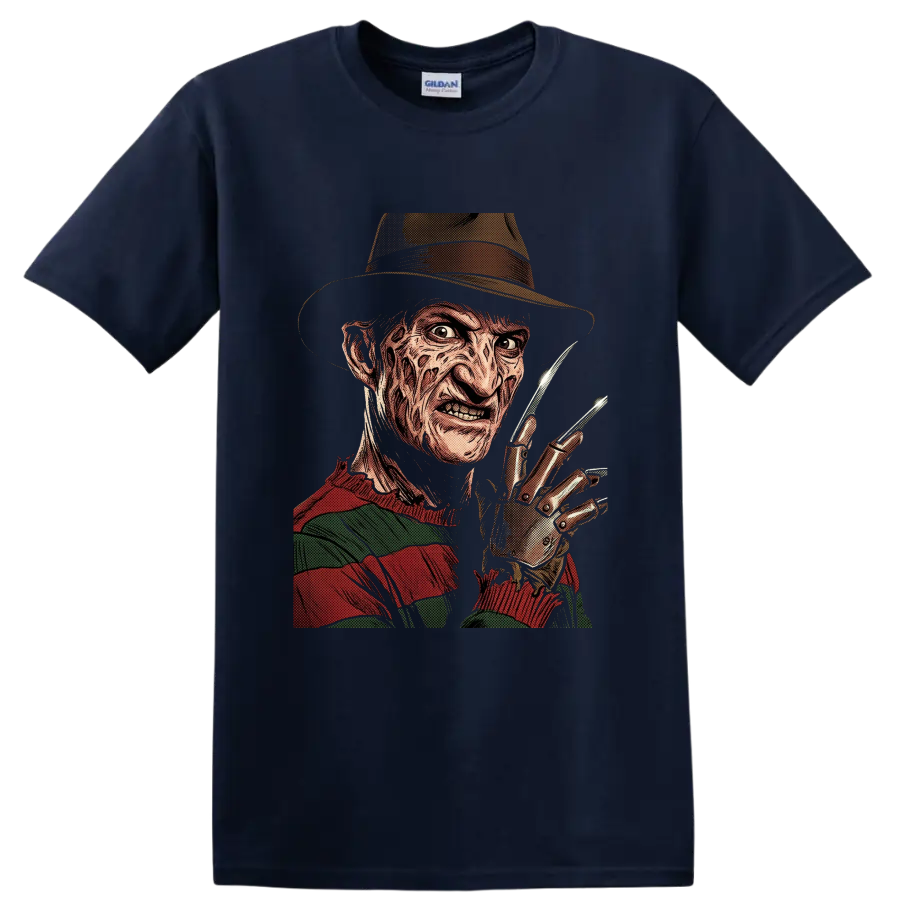 Freddy Krueger vintage comic horror portrait with bladed glove on a Navy (Blue) T Shirt