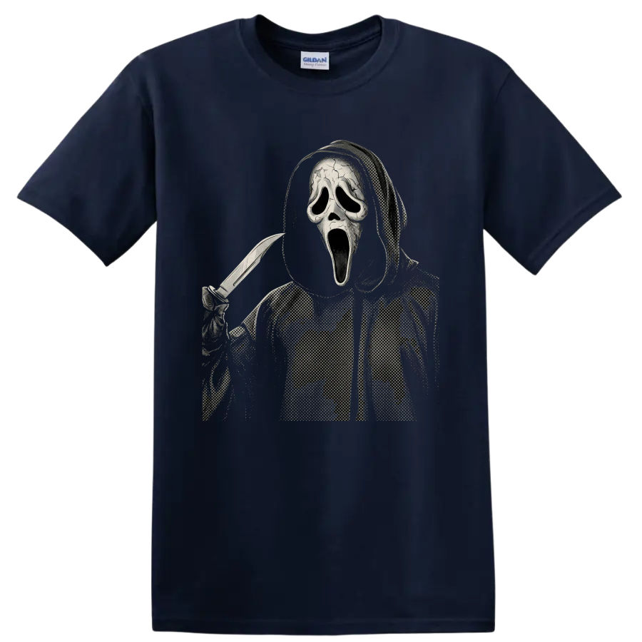 Ghostface holding a knife in a distressed halftone horror graphic on a Navy (Blue) T Shirt