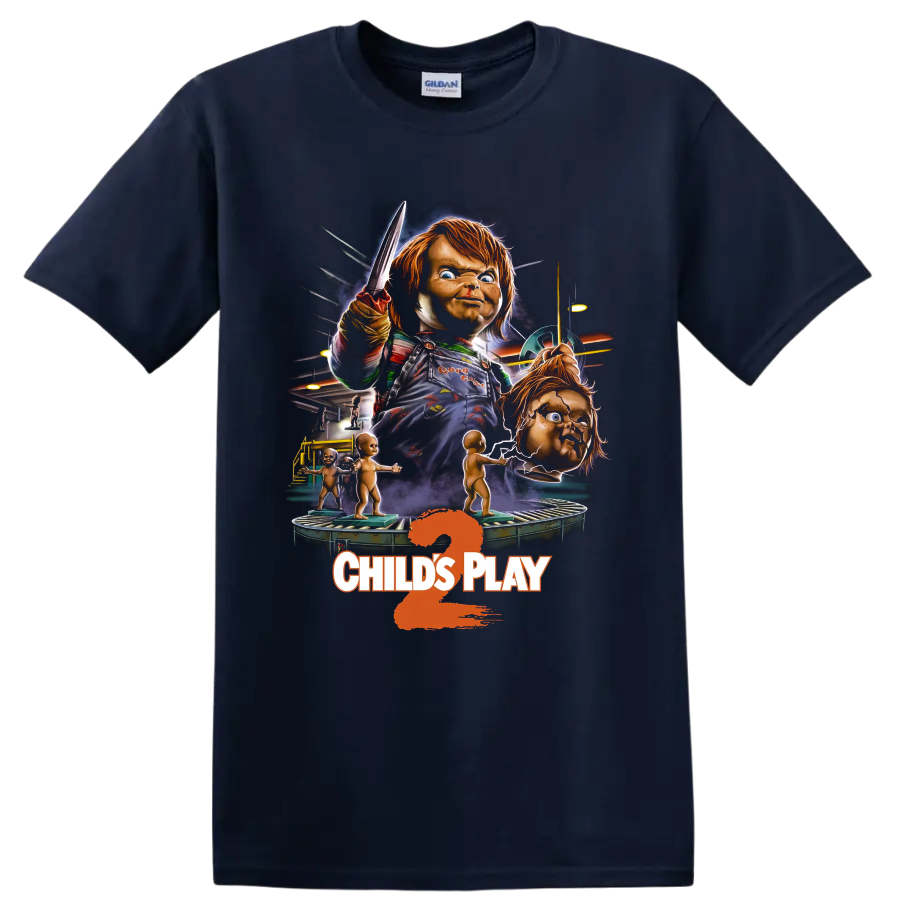 Chucky Child's Play 2 toy factory horror graphic with knife and CHILD'S PLAY text on a Navy (Blue) T Shirt