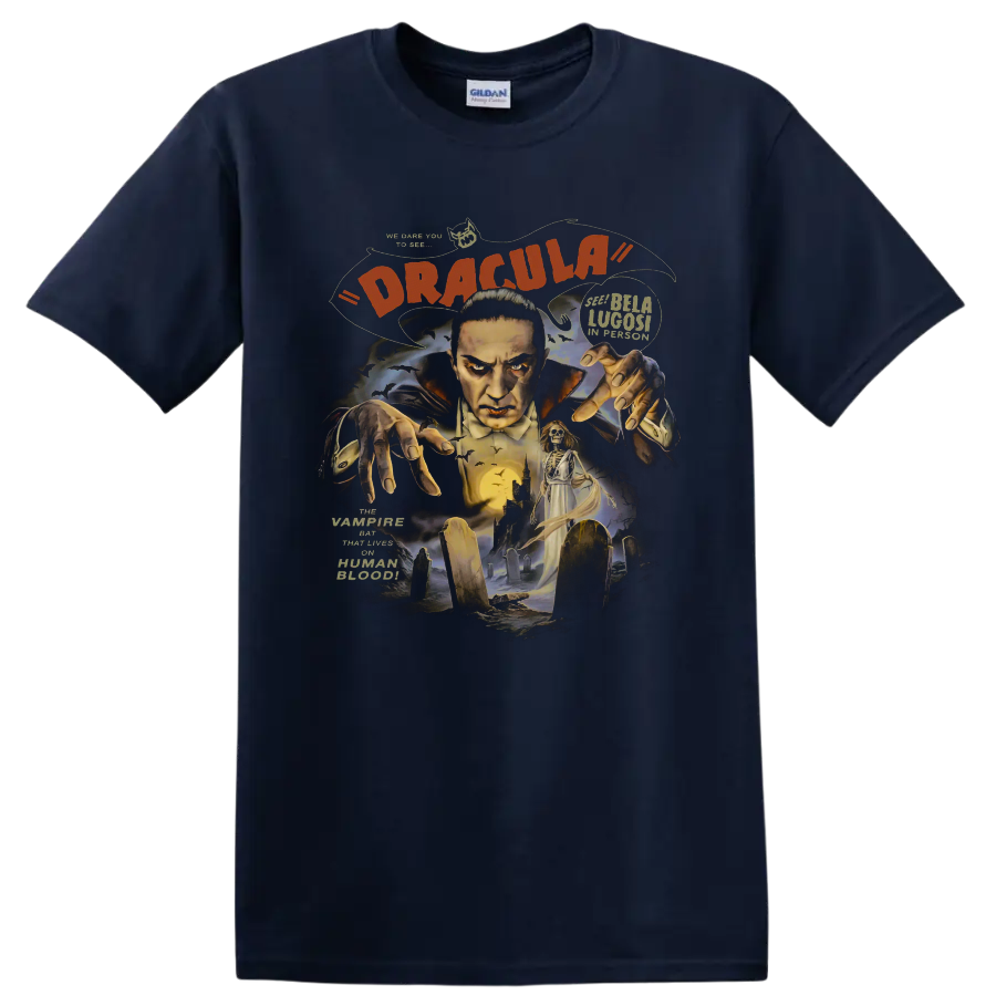 Bela Lugosi as Count Dracula vintage gothic graveyard horror graphic on a Navy (Blue) T Shirt