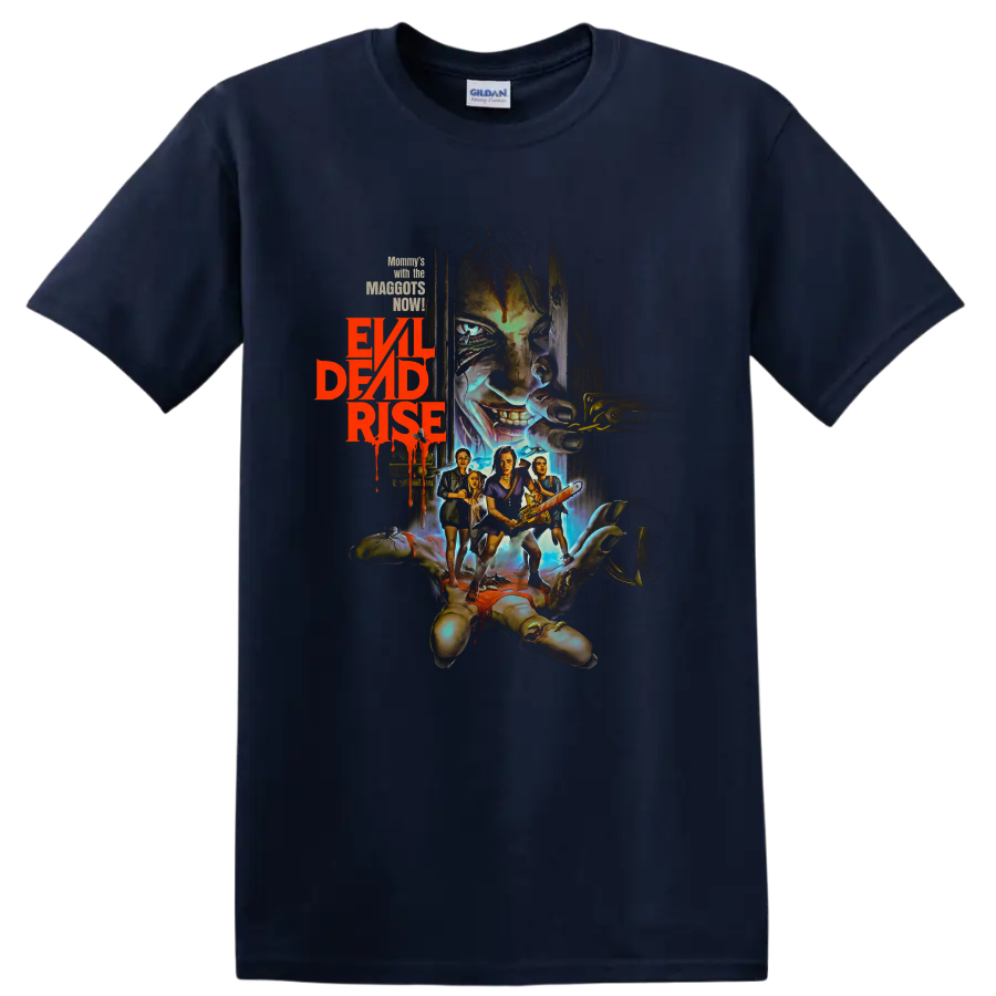 Evil Dead Rise horror graphic with possessed face, survivors, and chainsaw on a Navy (Blue) T Shirt