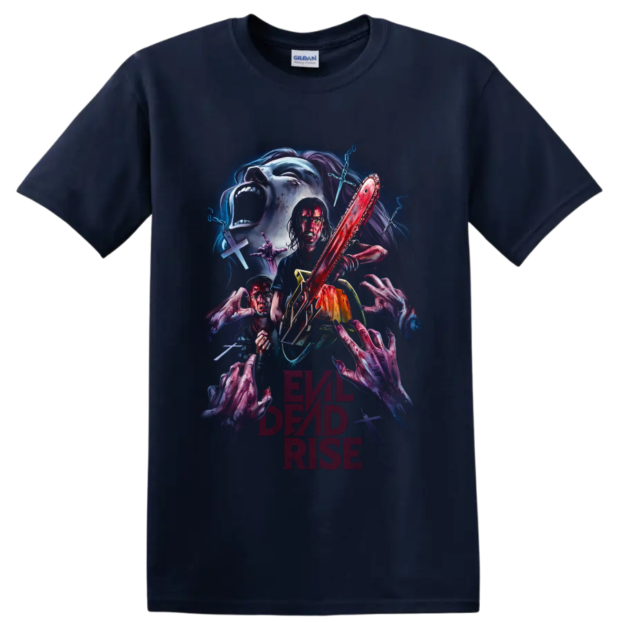 Evil Dead Rise horror chainsaw graphic with undead hands and demon imagery on a Navy (Blue) T Shirt