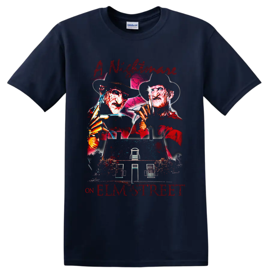 Freddy Krueger A Nightmare on Elm Street horror graphic with haunted house on a Navy (Blue) T Shirt