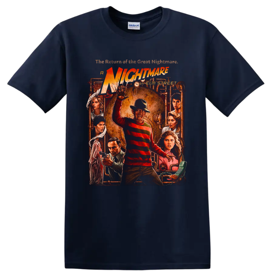 Freddy Krueger vintage horror poster graphic with A Nightmare on Elm Street text on a Navy (Blue) T Shirt