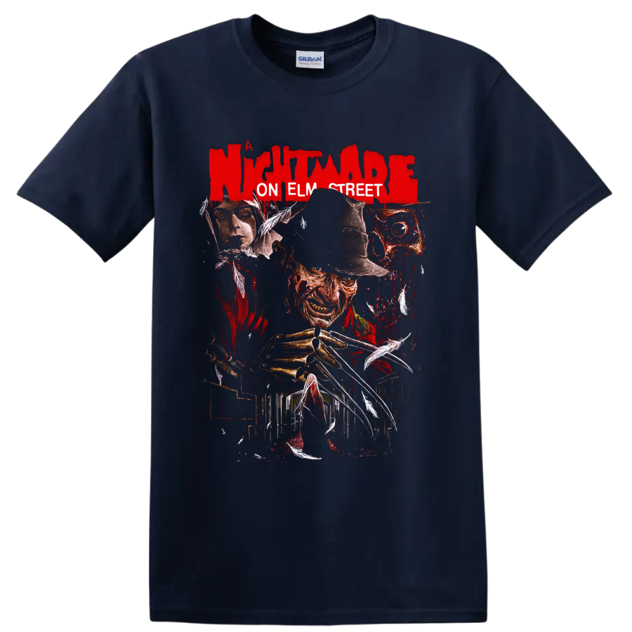 Freddy Krueger horror graphic with bladed glove and Nightmare on Elm Street text on a Navy (Blue) T Shirt