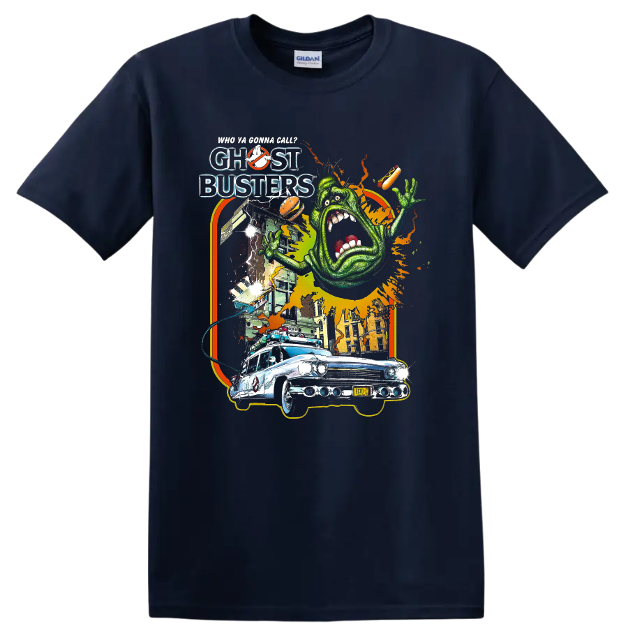 Slimer and Ecto-1 Ghostbusters retro horror graphic on a Navy (Blue) T Shirt