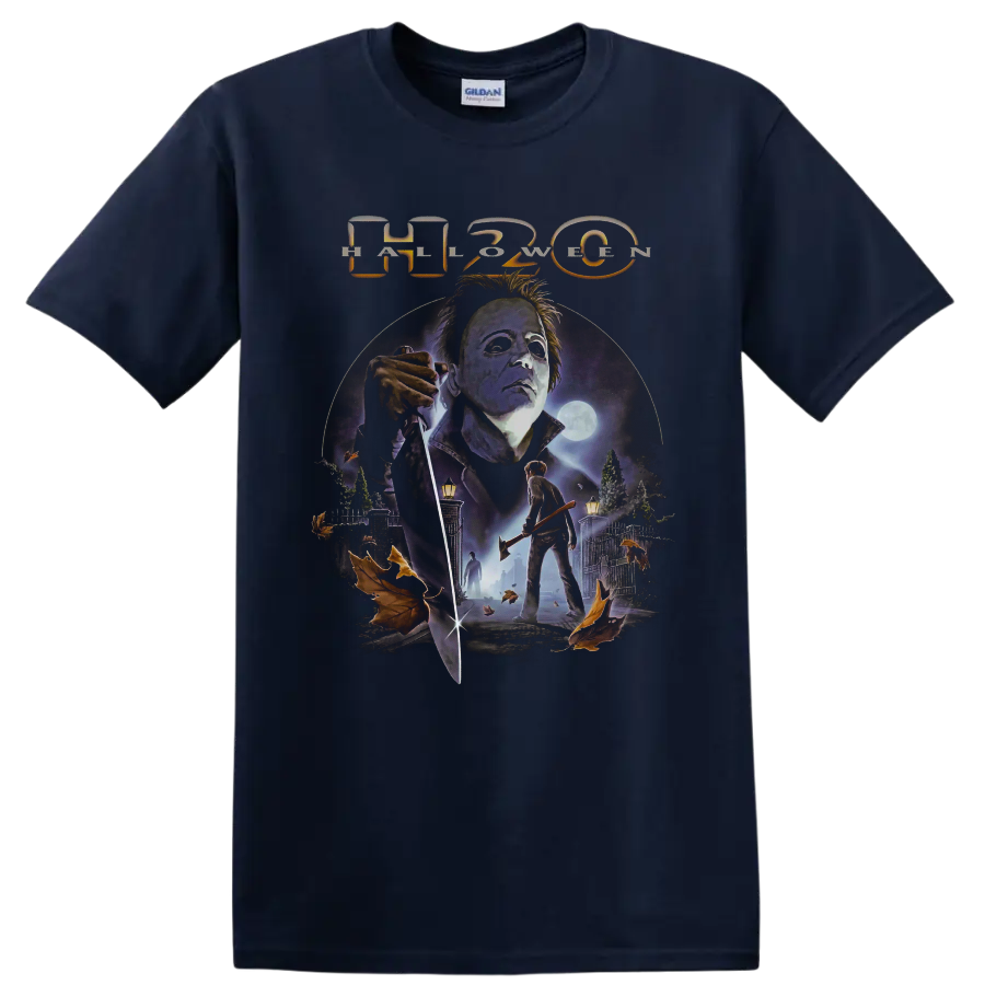 Michael Myers H20 moonlit slasher horror graphic with knife on a Navy (Blue) T Shirt