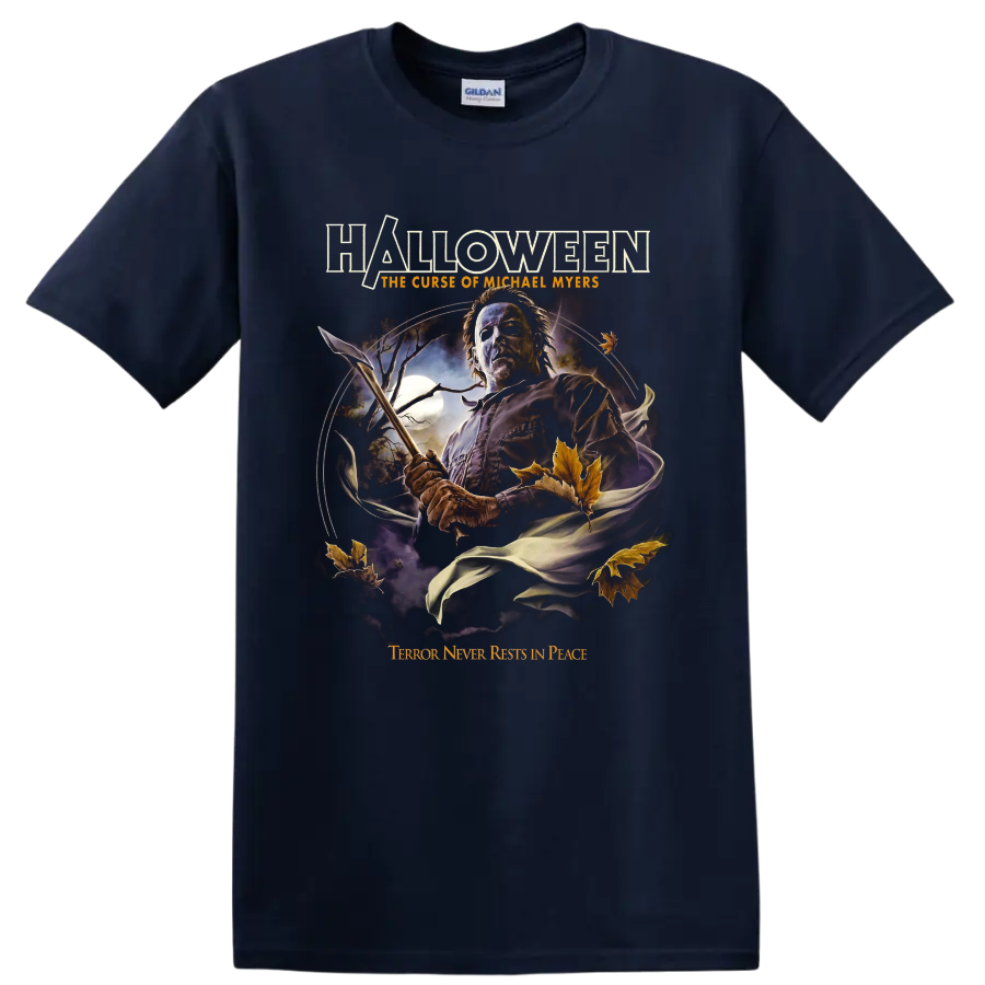 Michael Myers moonlit horror graphic with Halloween: The Curse of Michael Myers text on a Navy (Blue) T Shirt