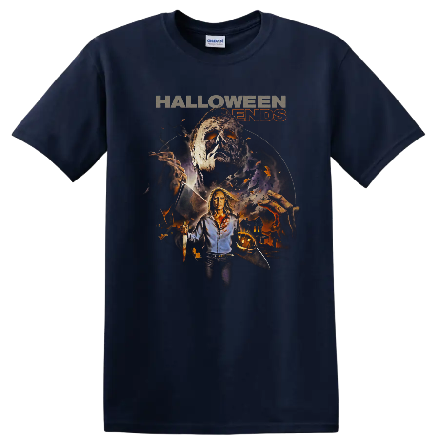 Halloween Ends Laurie Strode and Michael Myers horror graphic print on a Navy (Blue) T Shirt