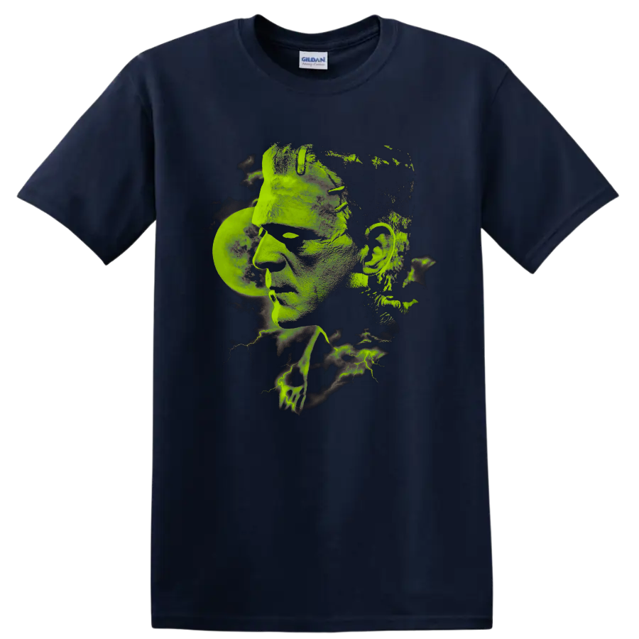 Boris Karloff as Frankenstein's Monster in distressed green gothic artwork on a Navy (Blue) T Shirt