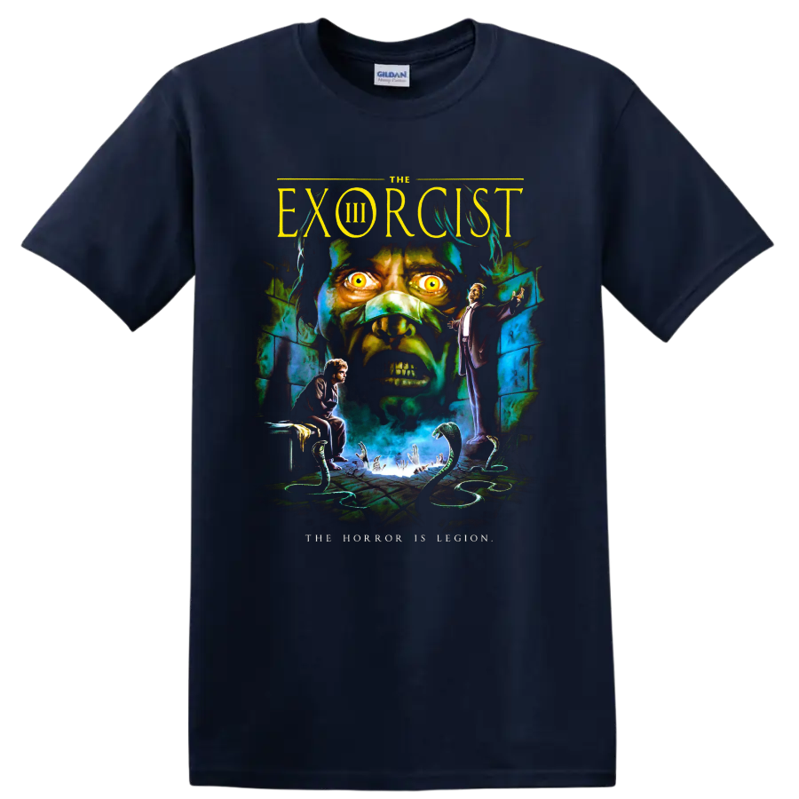 The Exorcist III gothic horror poster art with a glowing-eyed demon face on a Navy (Blue) T Shirt