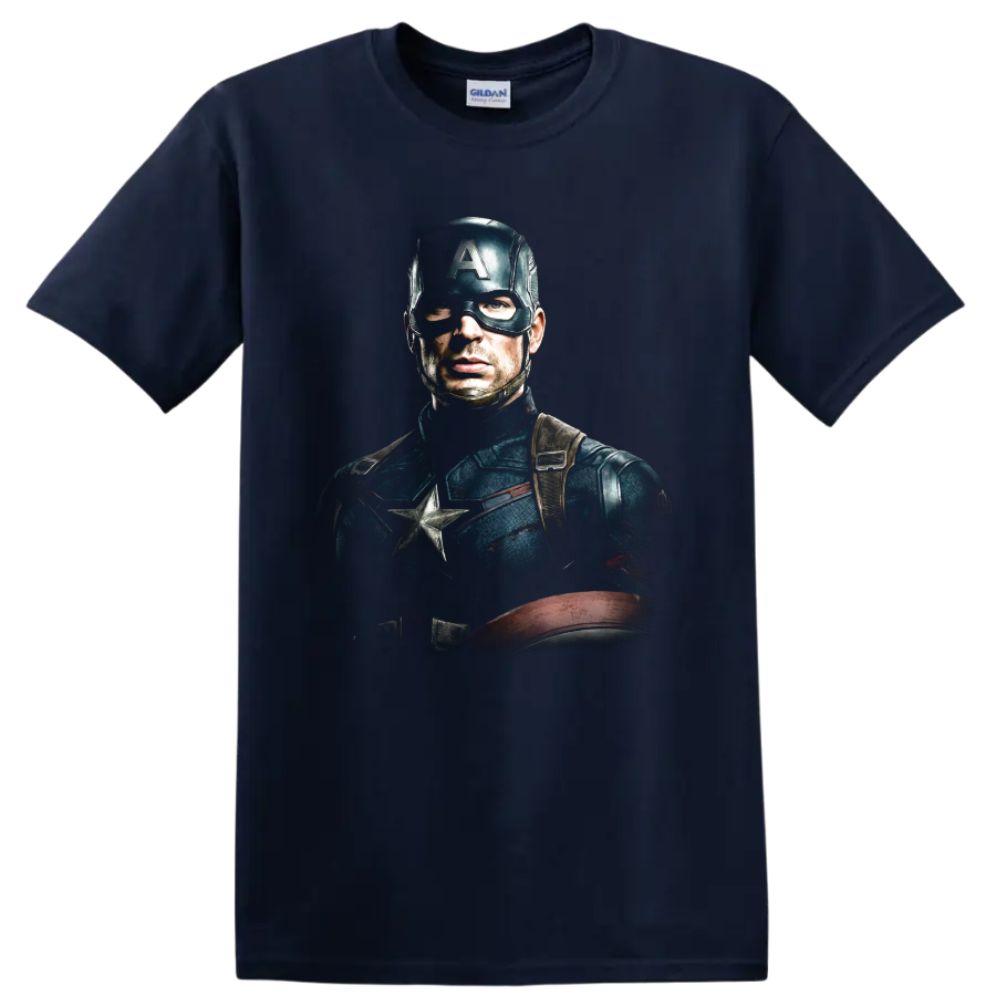 Captain America Chris Evans cinematic superhero portrait with shield on a Navy (Blue) T Shirt