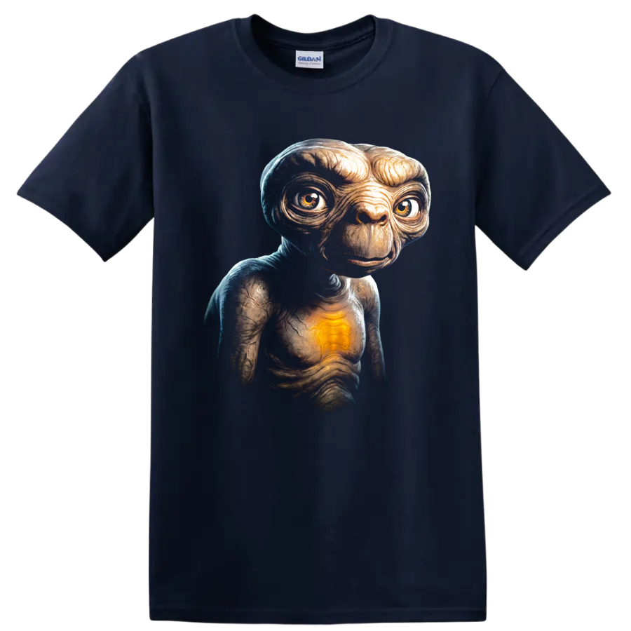 E.T. glowing heart alien portrait graphic print on a Navy (Blue) T Shirt