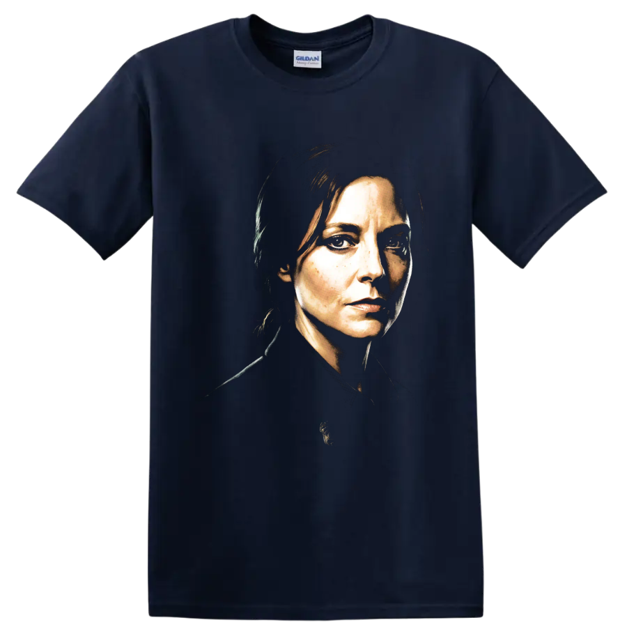 Carol portrait from Pluribus in dramatic painterly character art on a Navy (Blue) T Shirt