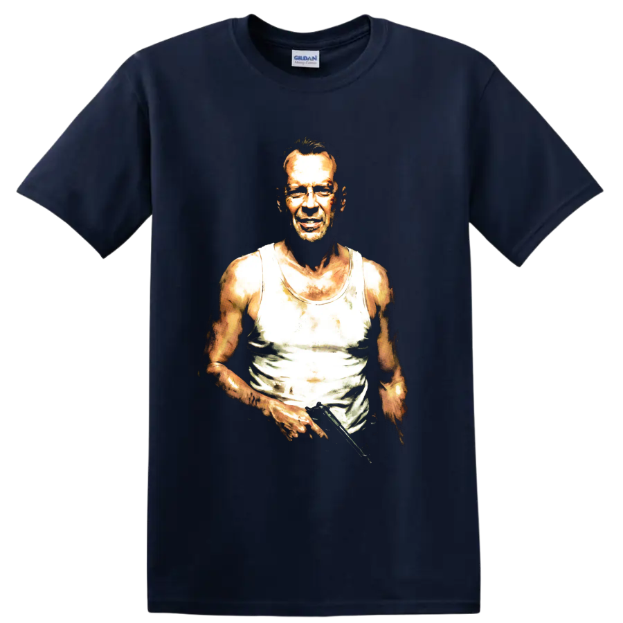 John McClane from Die Hard in a gritty high-contrast portrait on a Navy (Blue) T Shirt