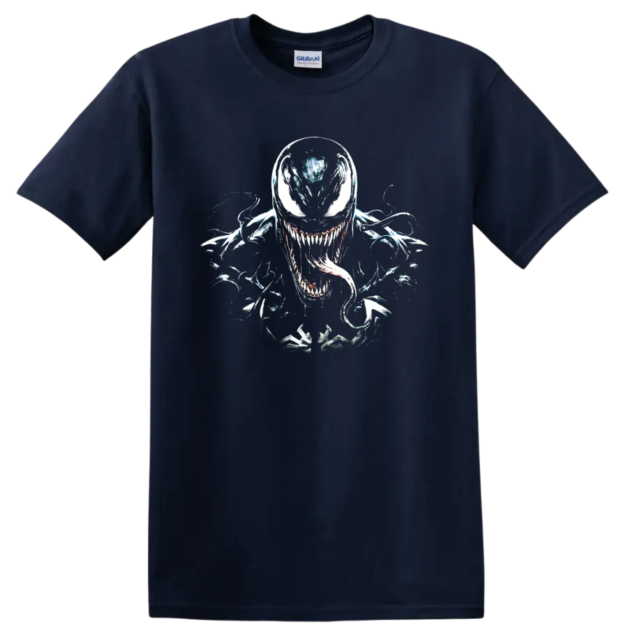 Venom symbiote monster graphic with sharp teeth and curling tongue on a Navy (Blue) T Shirt