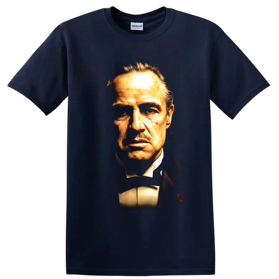 Vito Corleone The Godfather vintage portrait graphic on a Navy (Blue) T Shirt