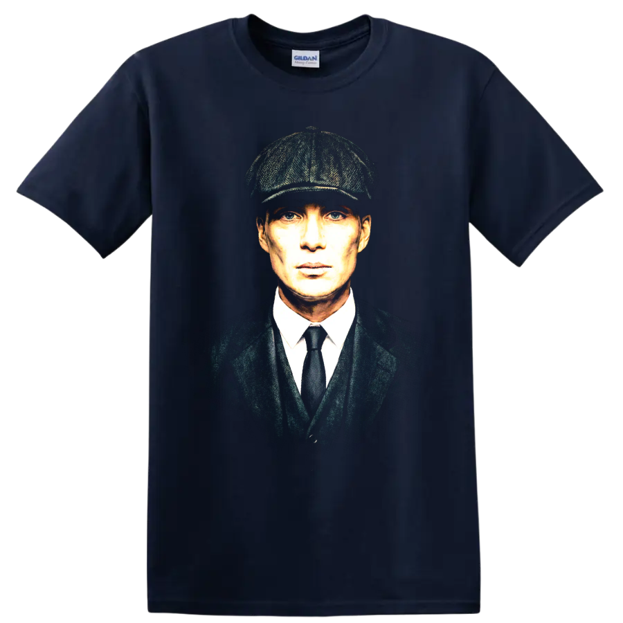 Thomas Shelby portrait in flat cap and suit, vintage graphic print on a Navy (Blue) T Shirt