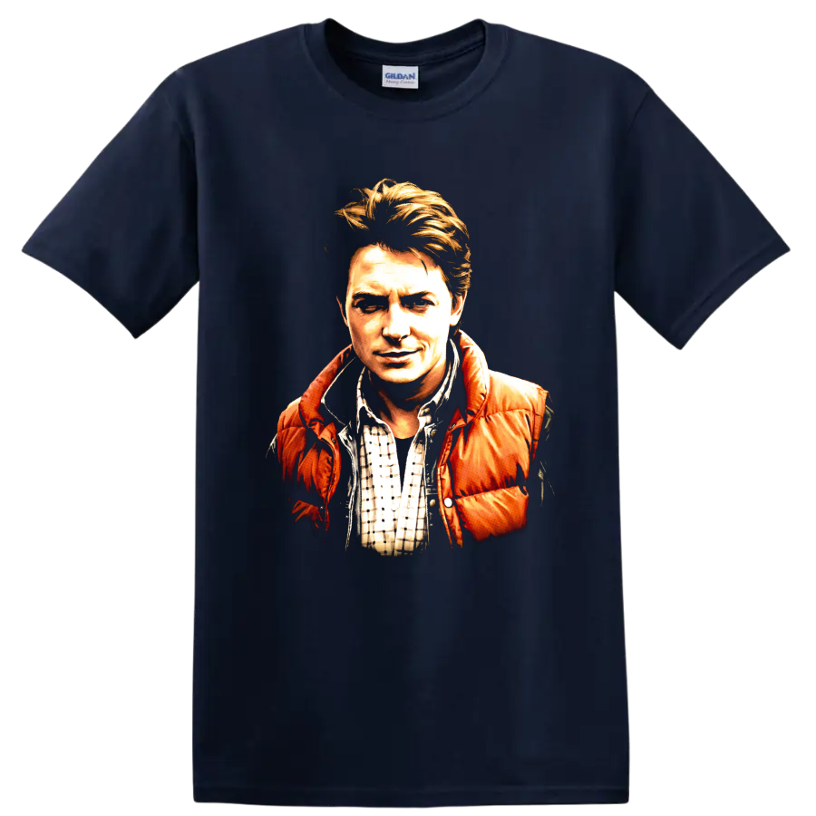 Marty McFly Back to the Future vintage painted portrait graphic on a Navy (Blue) T Shirt