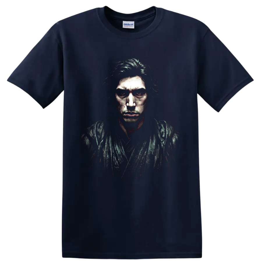 Kylo Ren Adam Driver dark distressed portrait graphic on a Navy (Blue) T Shirt