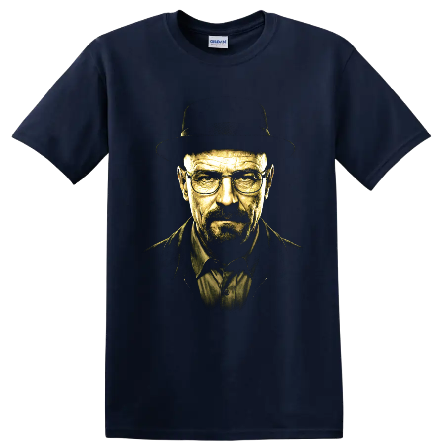 Walter White Breaking Bad portrait graphic with hat and glasses on a Navy (Blue) T Shirt