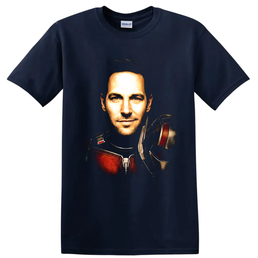 Scott Lang Ant-Man portrait in red and black armored suit on a Navy (Blue) T Shirt