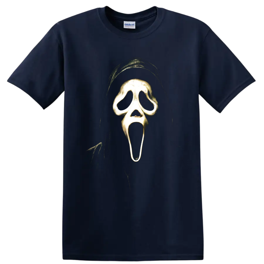 Ghostface hooded screaming mask horror graphic from Scream on a Navy (Blue) T Shirt