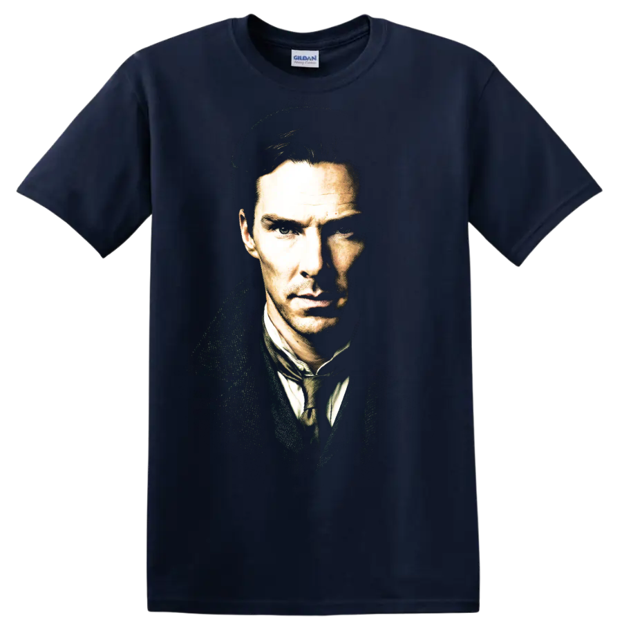 Benedict Cumberbatch as Sherlock in a dramatic high-contrast portrait on a Navy (Blue) T Shirt