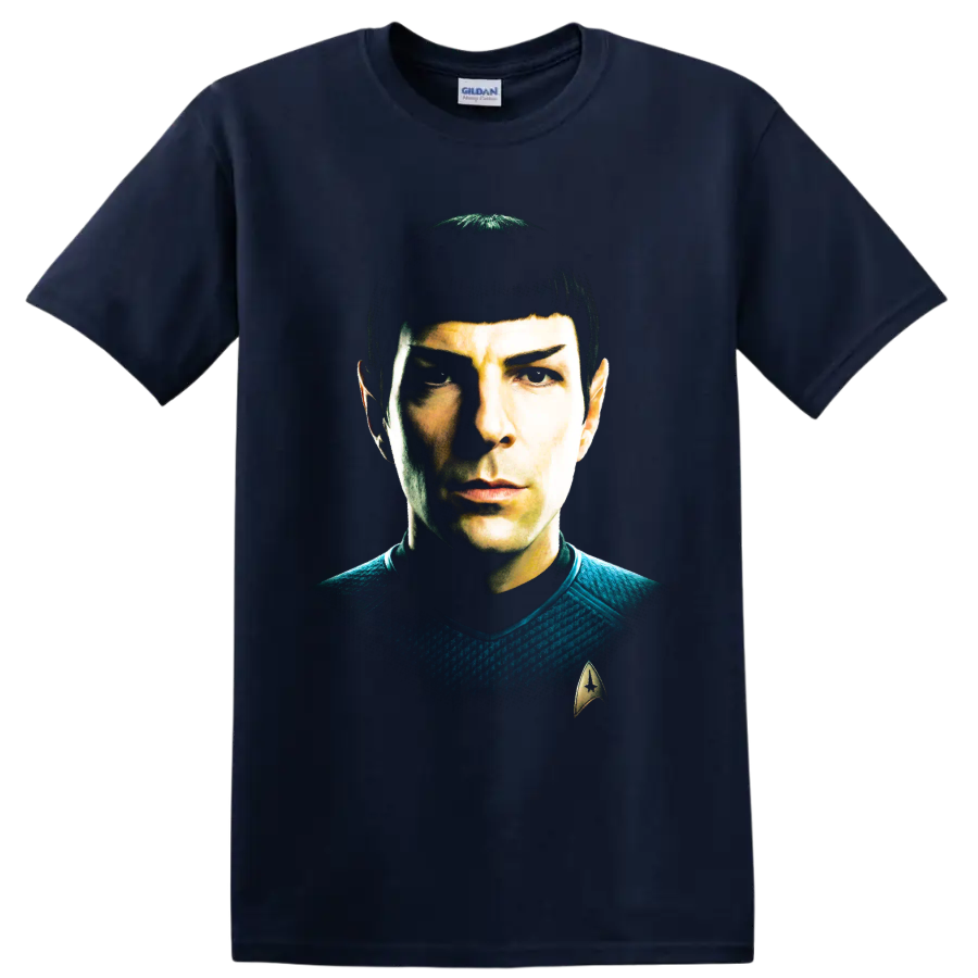 Spock Star Trek portrait graphic with pointed ears and Starfleet insignia on a Navy (Blue) T Shirt