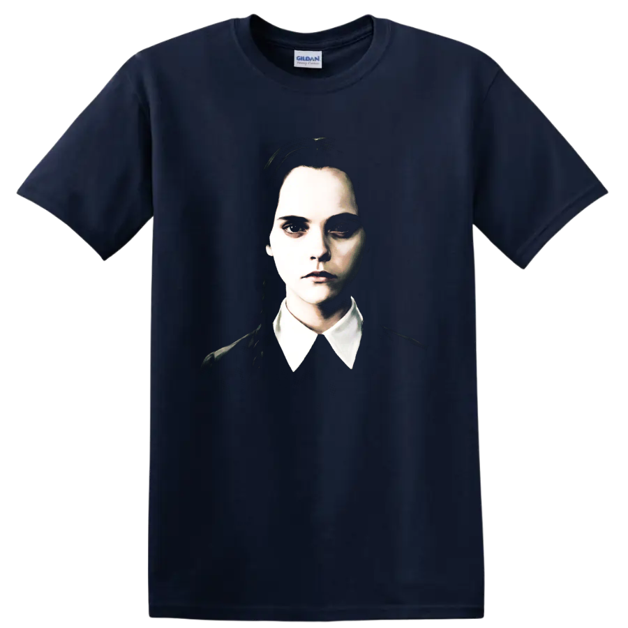 Wednesday Addams gothic portrait with white collar on a Navy (Blue) T Shirt