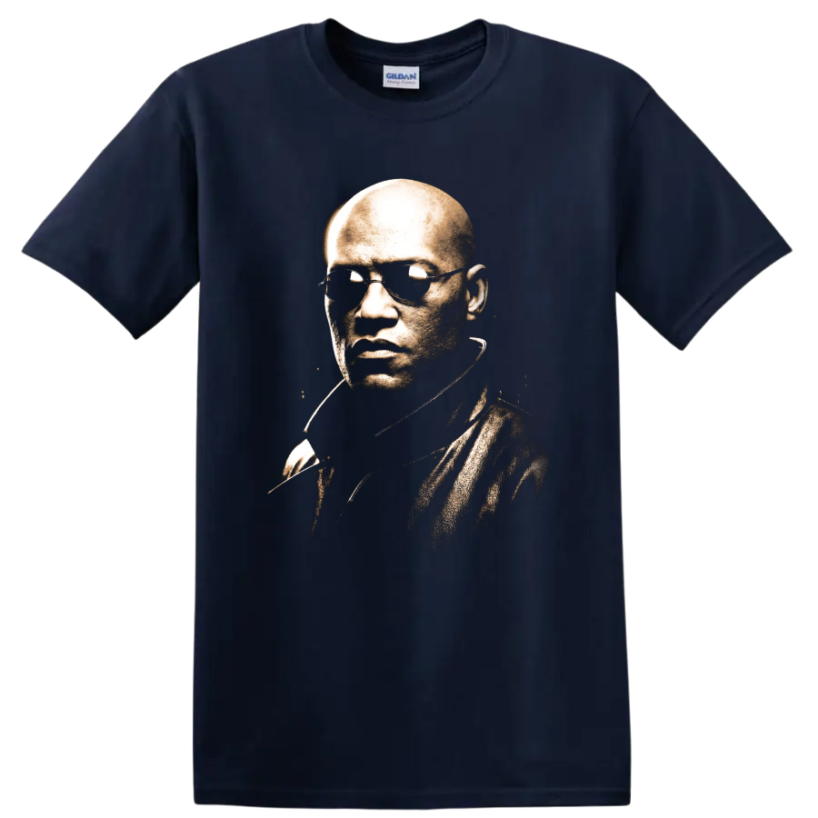 Morpheus from The Matrix sepia portrait with sunglasses on a Navy (Blue) T Shirt