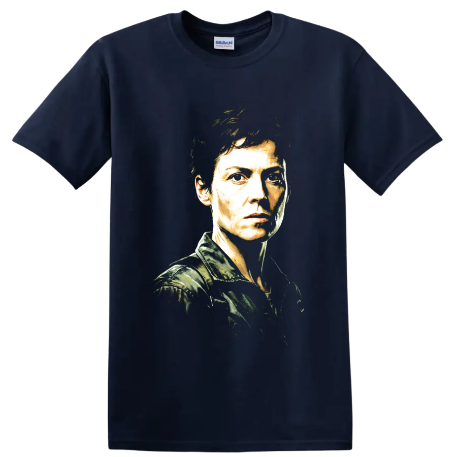 Ellen Ripley Alien portrait in a gritty high-contrast graphic style on a Navy (Blue) T Shirt