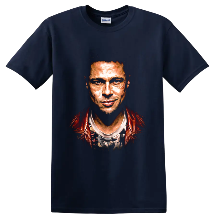 Tyler Durden Brad Pitt Fight Club gritty portrait graphic on a Navy (Blue) T Shirt