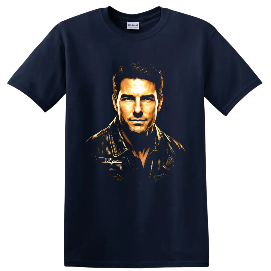 Pete Maverick Mitchell Top Gun pilot portrait graphic print on a Navy (Blue) T Shirt