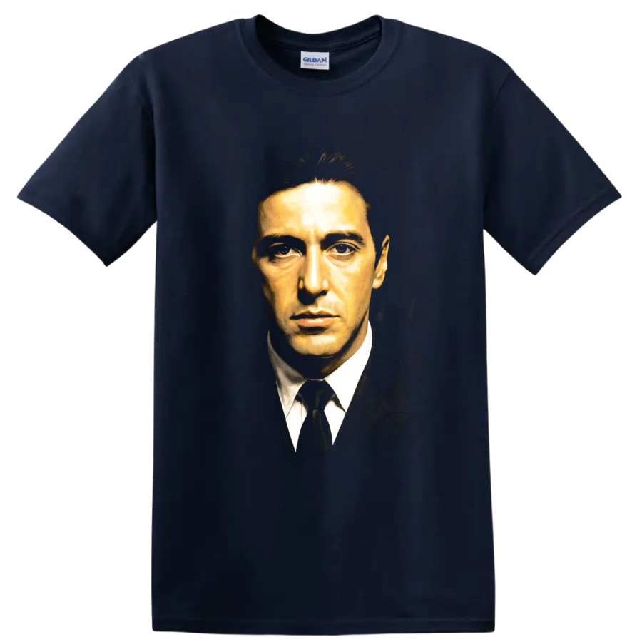 Michael Corleone portrait in dark suit, painterly cinematic graphic print on a Navy (Blue) T Shirt