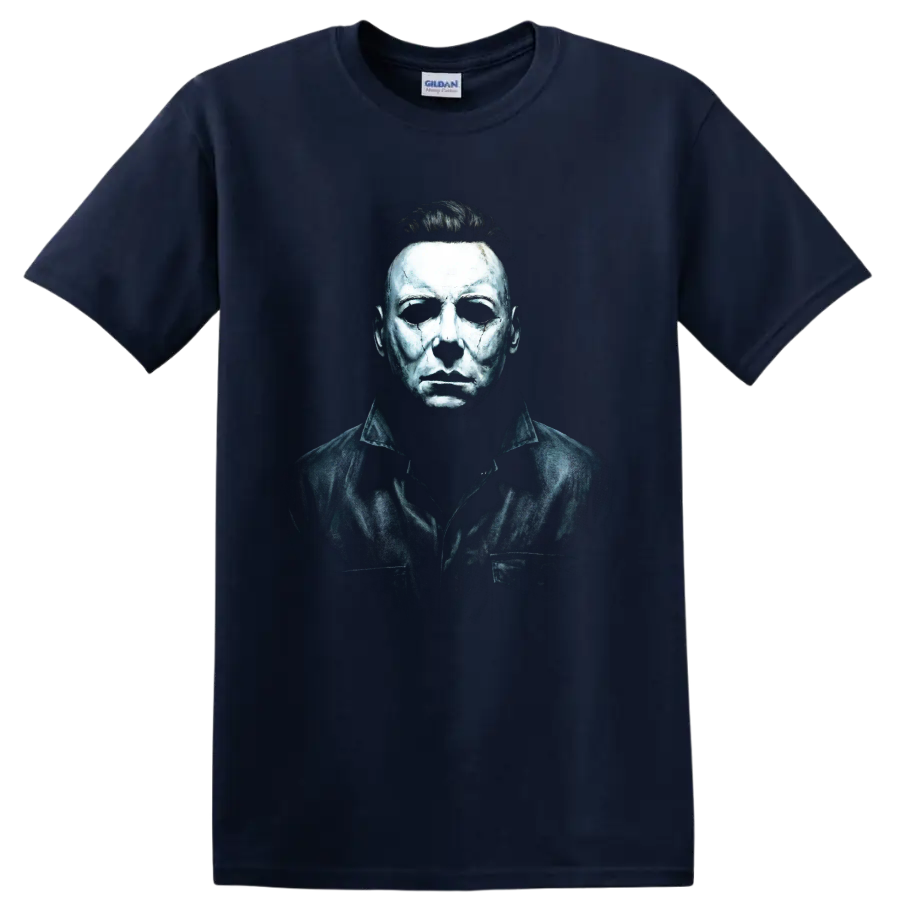 Michael Myers Halloween horror portrait graphic print on a Navy (Blue) T Shirt