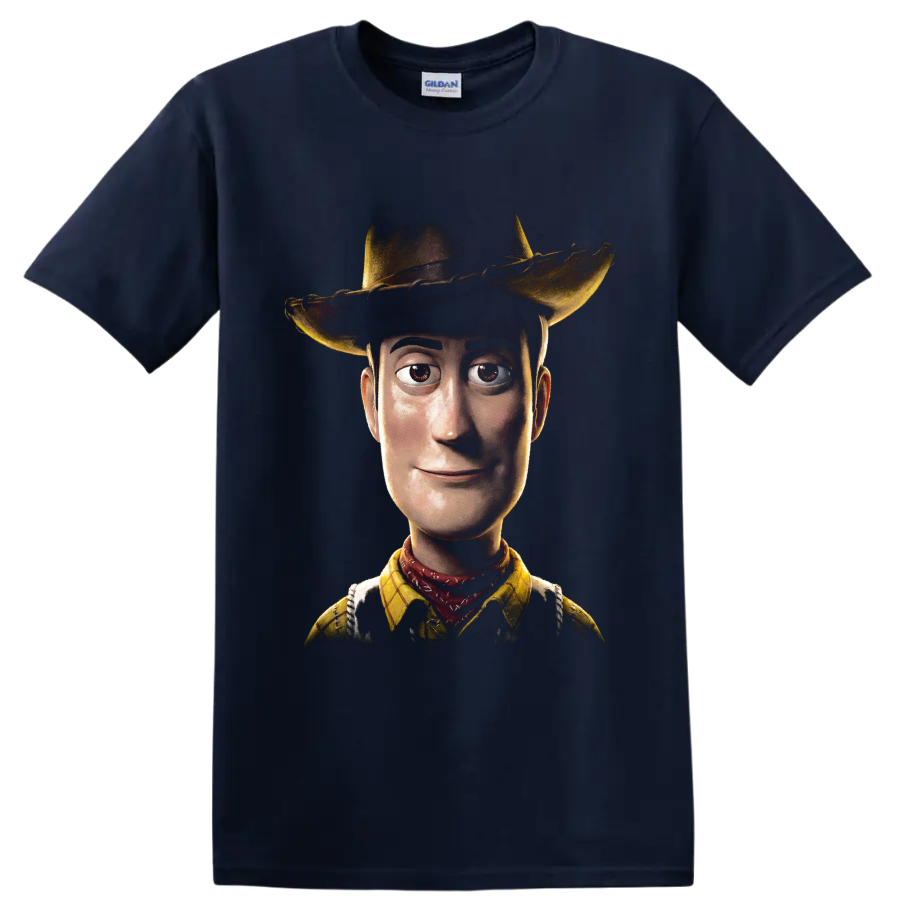Woody from Toy Story cowboy portrait graphic print on a Navy (Blue) T Shirt