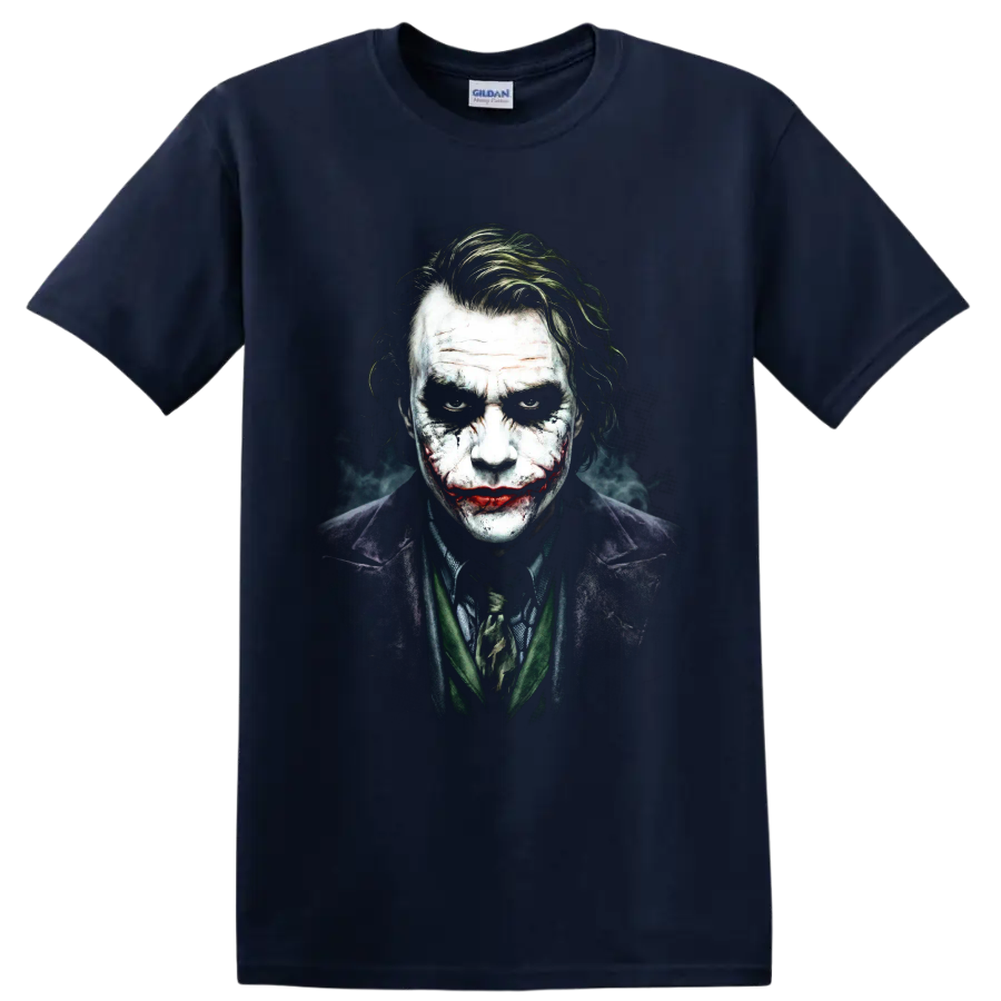 Joker from The Dark Knight gritty painted portrait graphic on a Navy (Blue) T Shirt