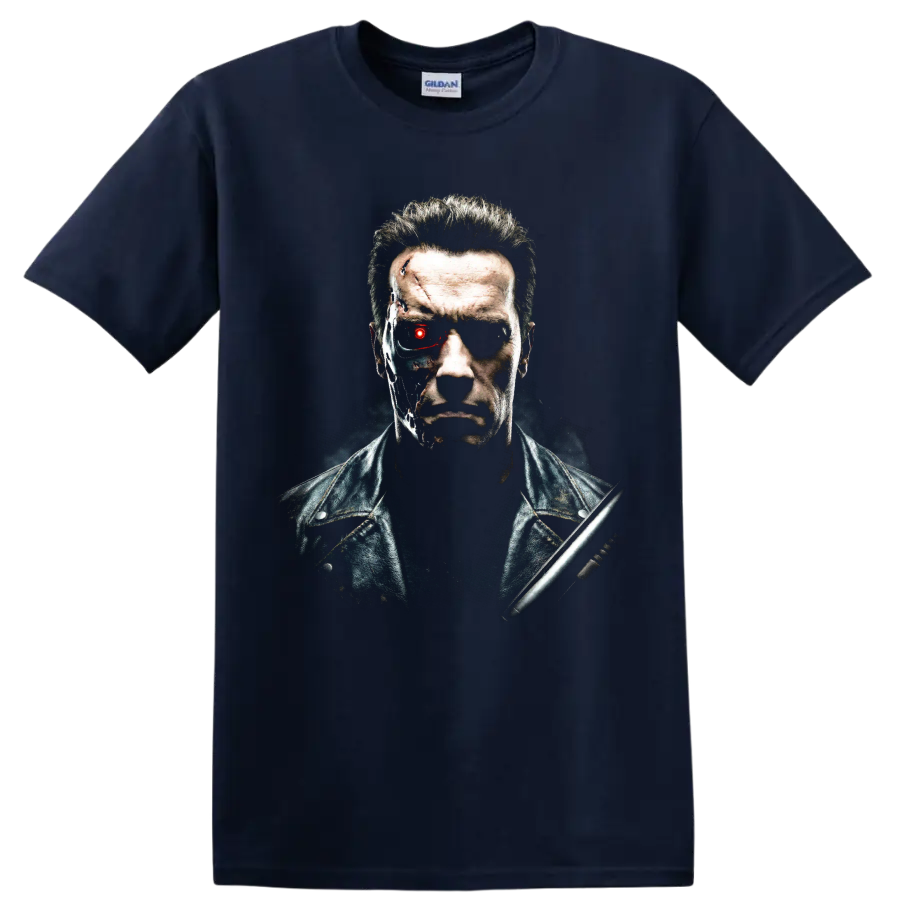 T-800 cyborg portrait from The Terminator with a glowing red eye on a Navy (Blue) T Shirt