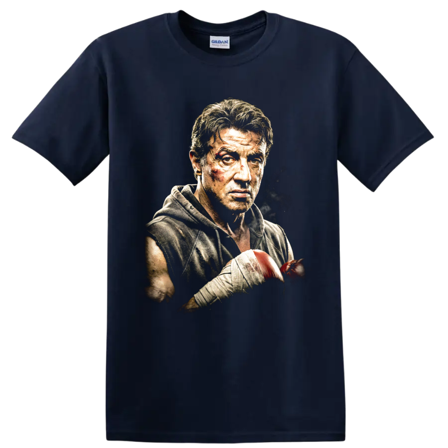 Rocky Balboa boxing portrait graphic print on a Navy (Blue) T Shirt