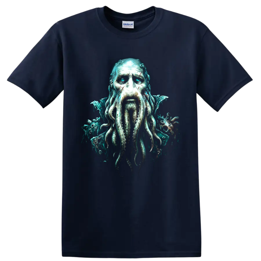 Davy Jones tentacled sea captain horror-fantasy graphic portrait on a Navy (Blue) T Shirt