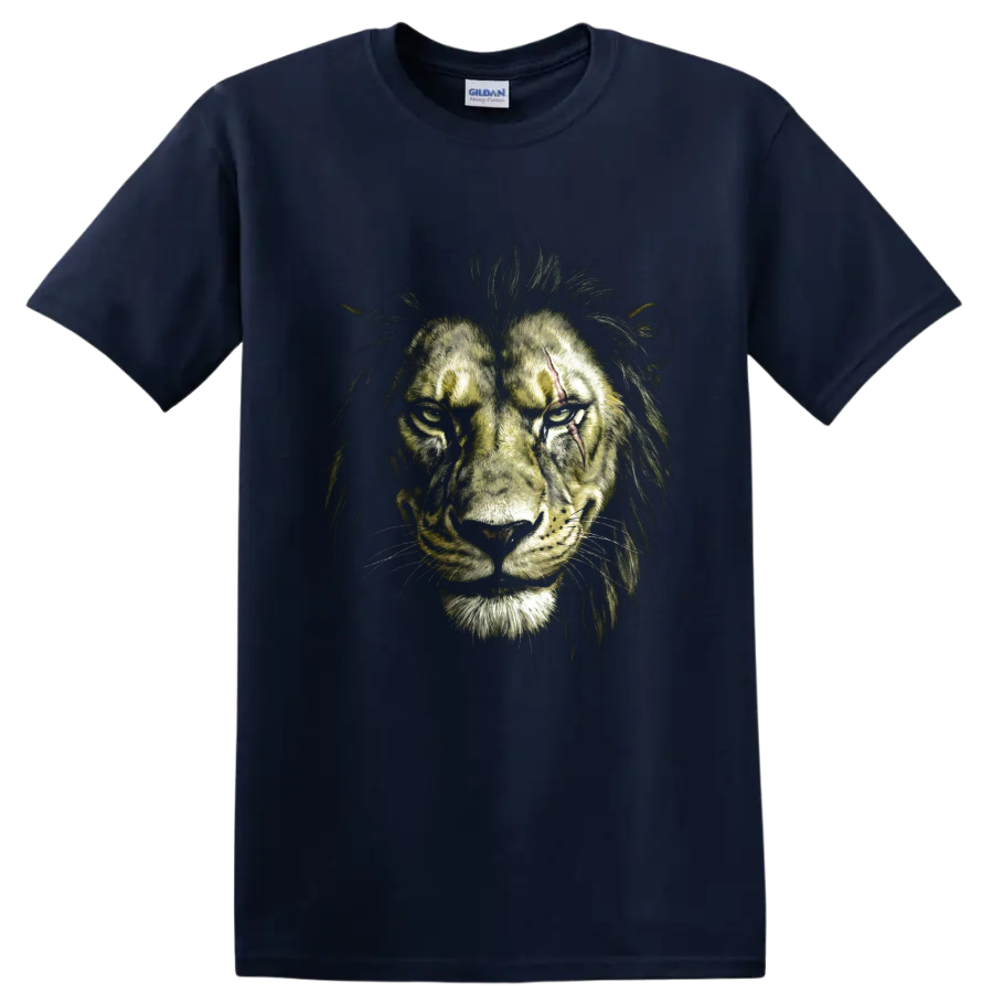 Scar from The Lion King as a dramatic scarred lion portrait on a Navy (Blue) T Shirt
