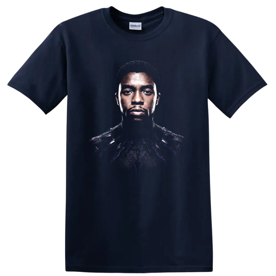 Black Panther armored portrait graphic with purple accents on a Navy (Blue) T Shirt