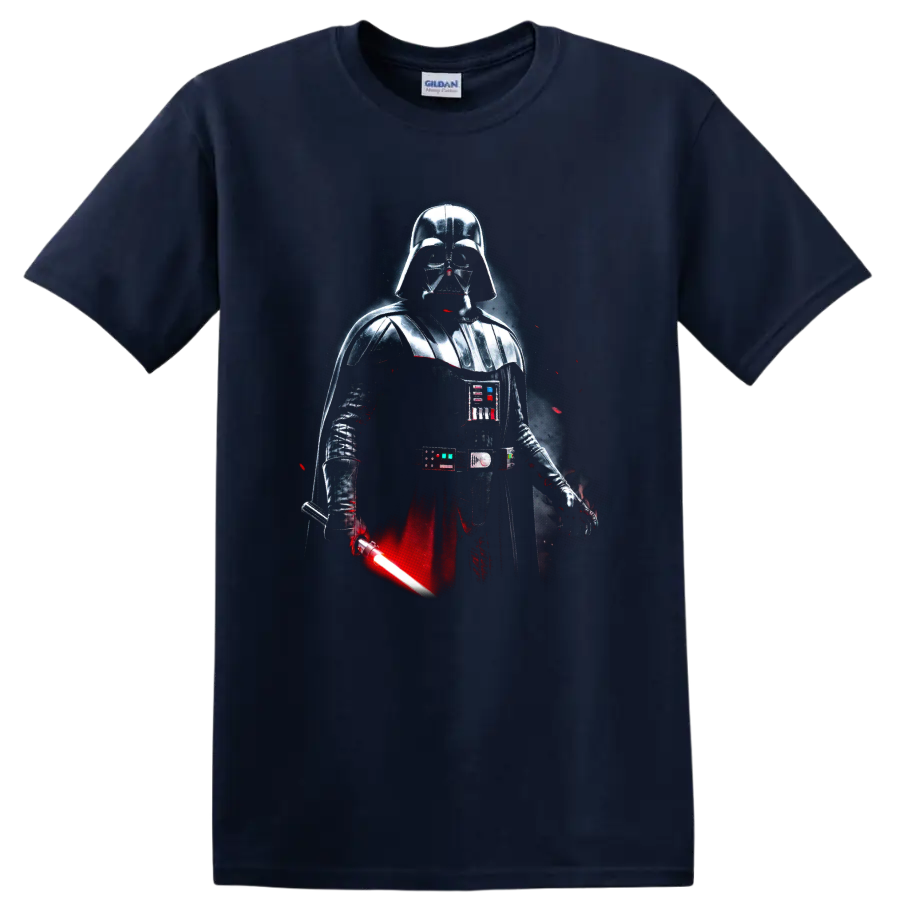 Darth Vader in dark armor with a glowing red lightsaber graphic on a Navy (Blue) T Shirt
