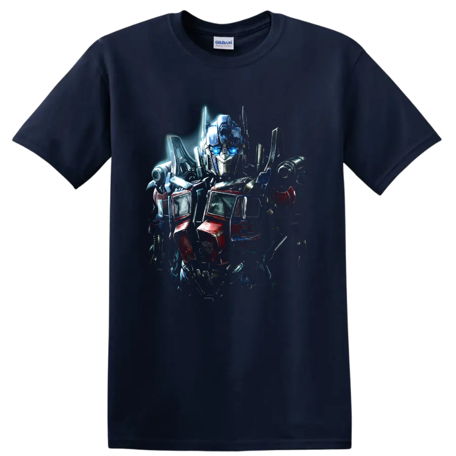 Optimus Prime Transformers robot graphic with red blue and silver armor on a Navy (Blue) T Shirt