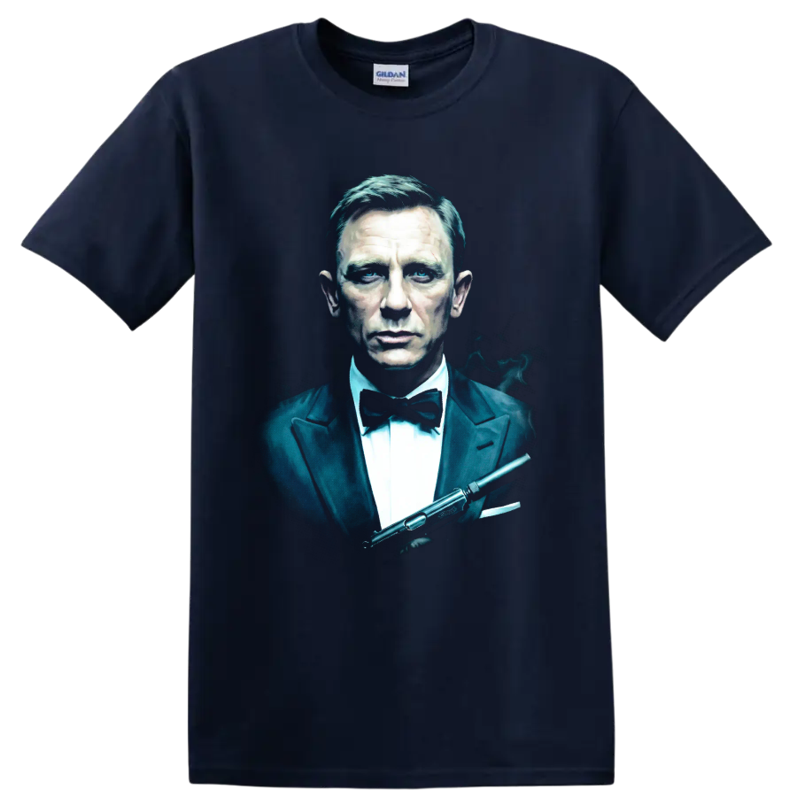 James Bond Spectre tuxedo portrait with silenced pistol graphic on a Navy (Blue) T Shirt