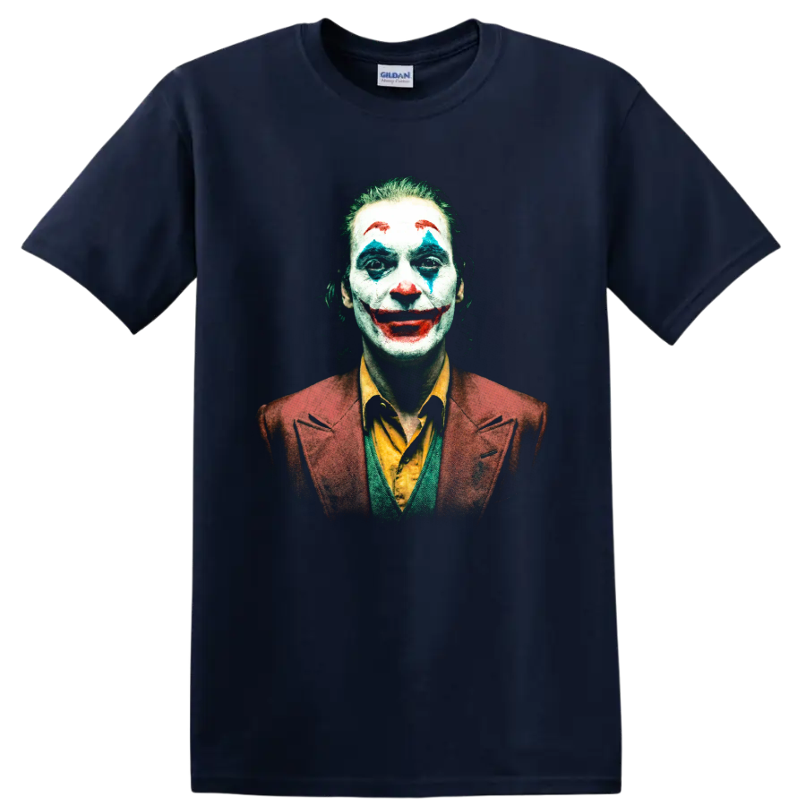 Arthur Fleck Joker close-up portrait with colorful clown makeup graphic on a Navy (Blue) T Shirt